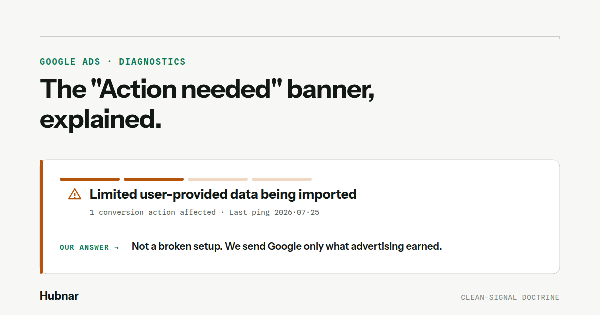 The Google Ads "Action needed" diagnostics banner reading "Limited user-provided data being imported", with our answer: not a broken setup.