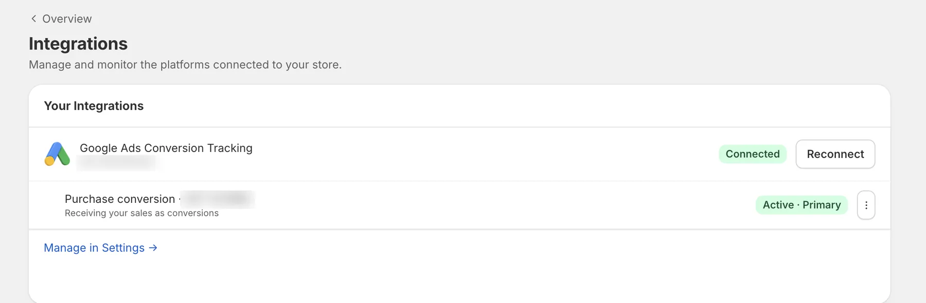 Hubnar integrations — Google Ads connected, purchase conversion active and primary